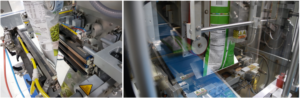 Two vertical form-fill-seal bags being processed through VFFS packaging machines.