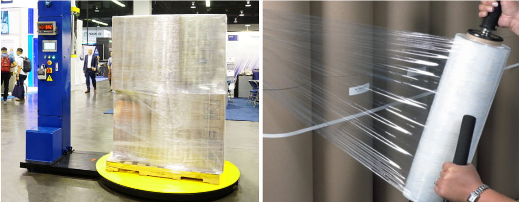 Hand-applied stretch film and machine-applied stretch film for securing loads during shipping and storage.