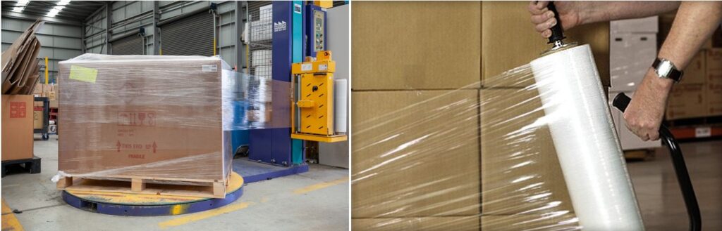 Side-by-side image showing a stretch film machine and a hand stretch film roll, illustrating application methods.