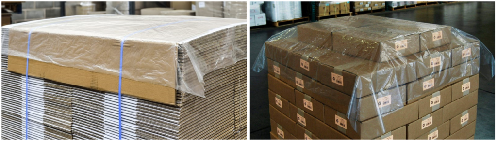 Two pallets covered with protective top sheets: one with cardboard boxes and the other with corrugated sheets, ensuring stability and protection during transport.