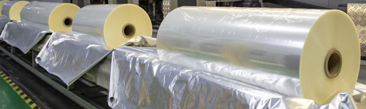 Three large rolls of co-extruded film stacked in a warehouse.