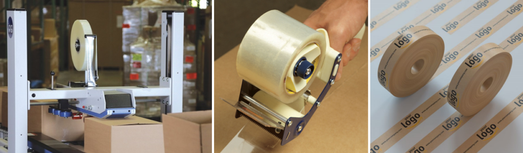 Hand-held tape dispenser, machine-applied tape dispenser, and water-activated tape for packaging and sealing applications.